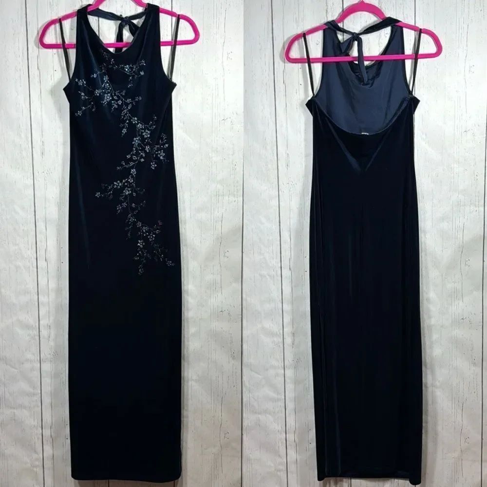 Navy Blue Velvet Floral Maxi Dress Y2K Glam Eveningwear Soft Goth 90s
